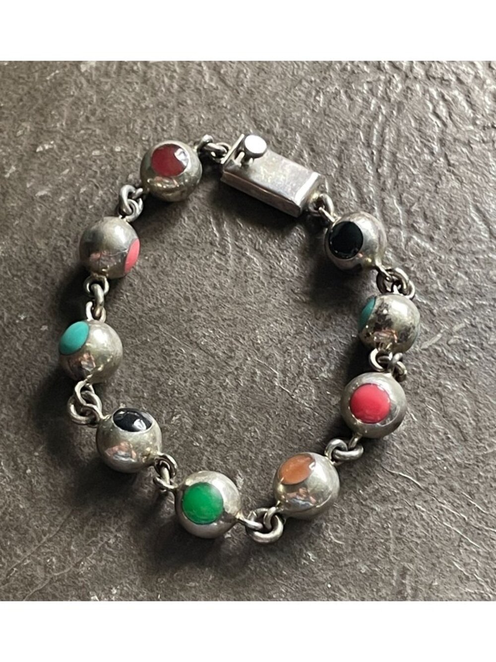 Vintage Taxco Mexican Sterling Silver Multi Stone Inlay Bead Bracelet TD-?? 925